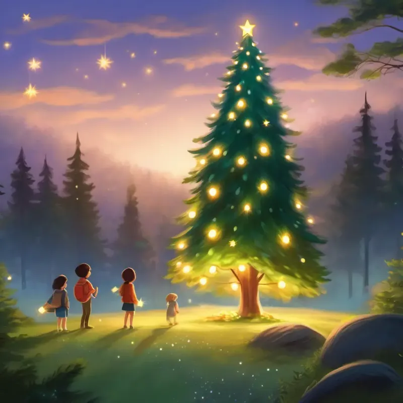 Evergreen tree; green with twinkling lights, brown trunk feeling happy, children decorating with stars and lights