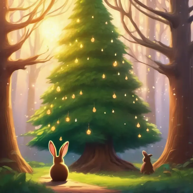 Evergreen tree; green with twinkling lights, brown trunk hears sobbing, lonely bunny introduced