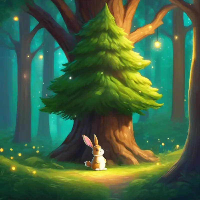 Evergreen tree; green with twinkling lights, brown trunk invites bunny, offering warmth and comfort