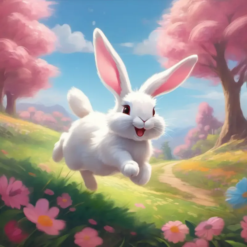 Fluffy white bunny, pink nose returns with friends, dancing joyfully