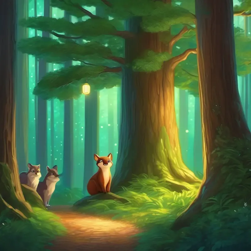 Evergreen tree; green with twinkling lights, brown trunk feeling grateful, forest animals admiring its beauty