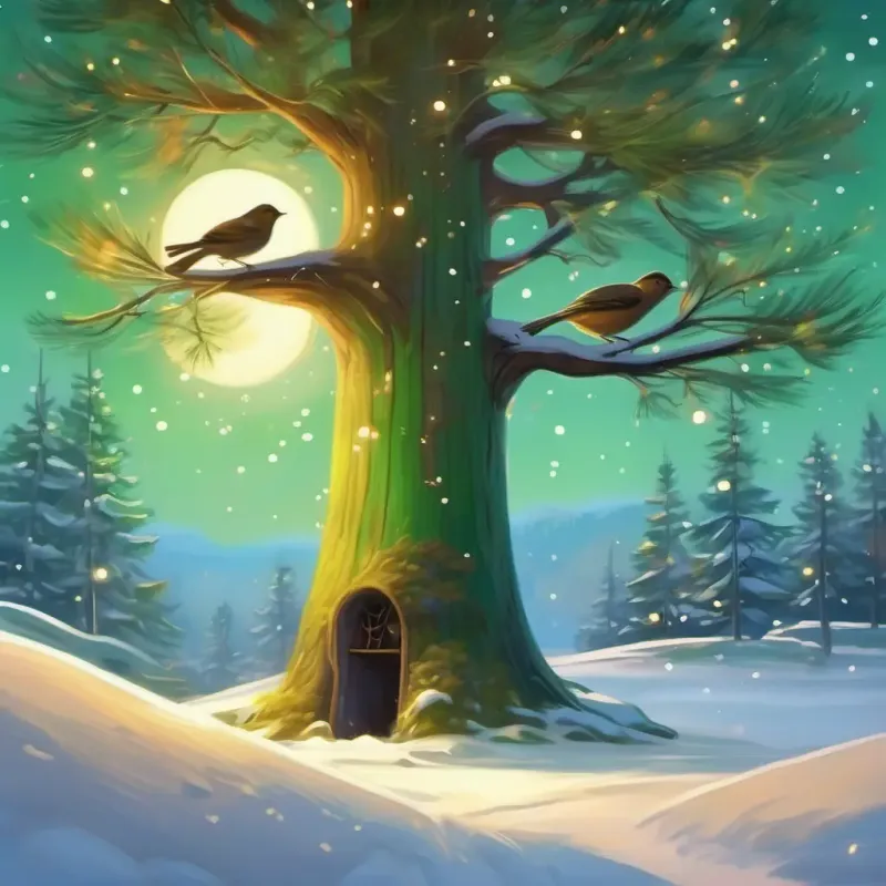 Winter fading, Evergreen tree; green with twinkling lights, brown trunk with nests and chirping birds