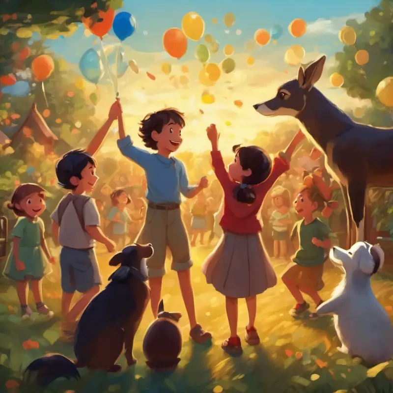 Celebration with children and animals, songs, laughter, and gratitude