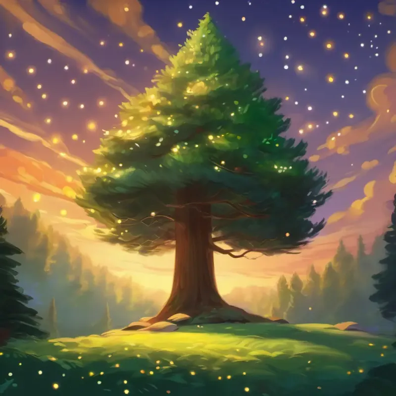 Evergreen tree; green with twinkling lights, brown trunk feeling complete, surrounded by love