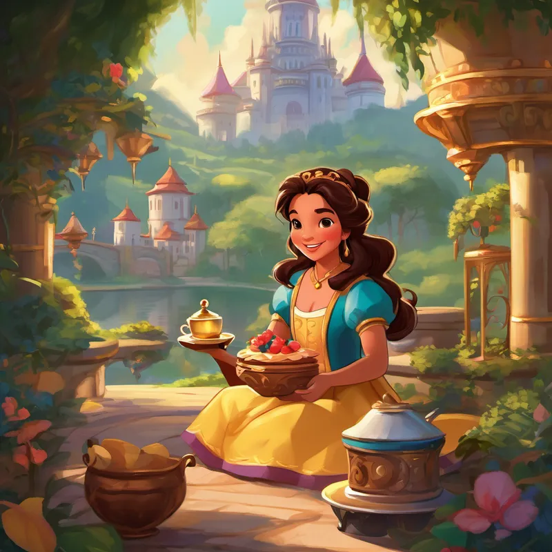 Once upon a time in a magical kingdom, there lived a little princess named Bhairavi. She was a brave and adventurous girl who loved exploring and trying new things. But, there was one thing she loved more than anything else - chocolate cakes! Bhairavi had many good friends in the kingdom, including Princess Belle, Rapunzel, and even the Beast. She would spend her days playing with Chip, Ms. Potts, Lumiere, and Cogsworth. They would have tea parties and go on exciting adventures together, filled with laughter and joy.