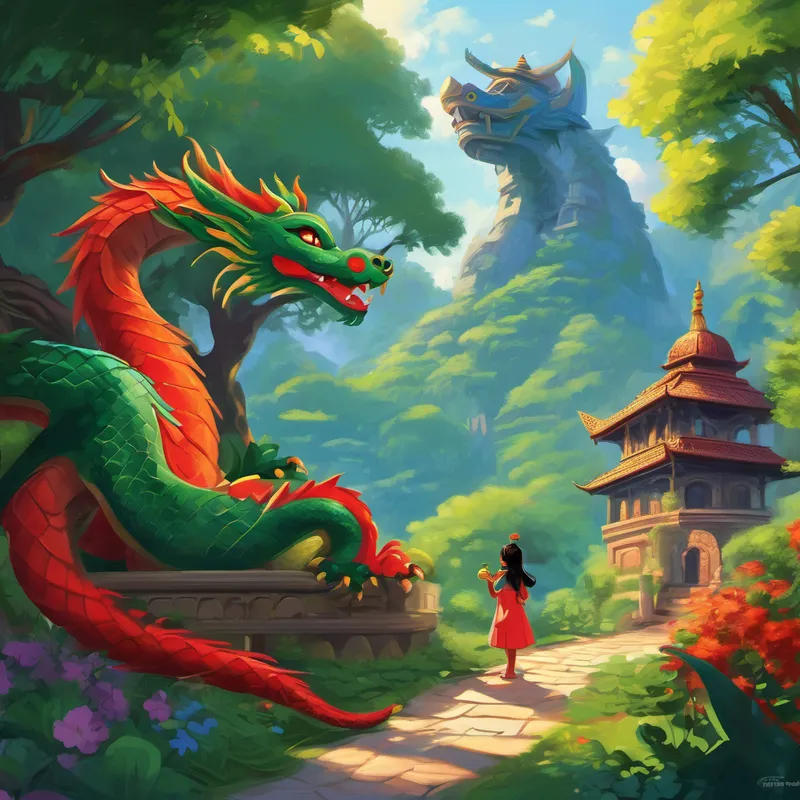 However, Bhairavi had a little trouble listening to her mummy and papa. They would often ask her to be careful and not to wander too far from the castle. But, being the curious princess she was, Bhairavi couldn't resist exploring the beautiful gardens of the kingdom. One sunny day, while playing in the garden, Bhairavi met a majestic dragon named Draco. He had bright red scales and kind eyes that glittered in the sunlight. Draco had an important message for Bhairavi from the naughty queen of a neighboring kingdom.