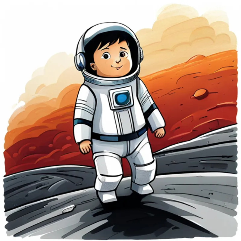A little boy with a lively expression, wearing a futuristic spacesuit, and a wide-eyed sense of wonder. and his team stepping onto the surface of the Planet of the Gods, their eyes gleaming with determination.