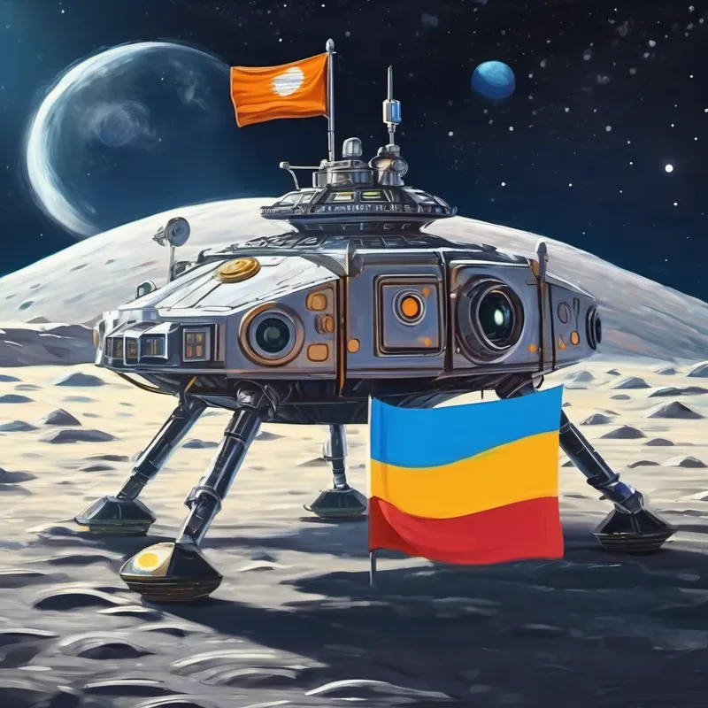 Shining silver spacecraft with Bharat's flag on it landing on the moon, sending pictures