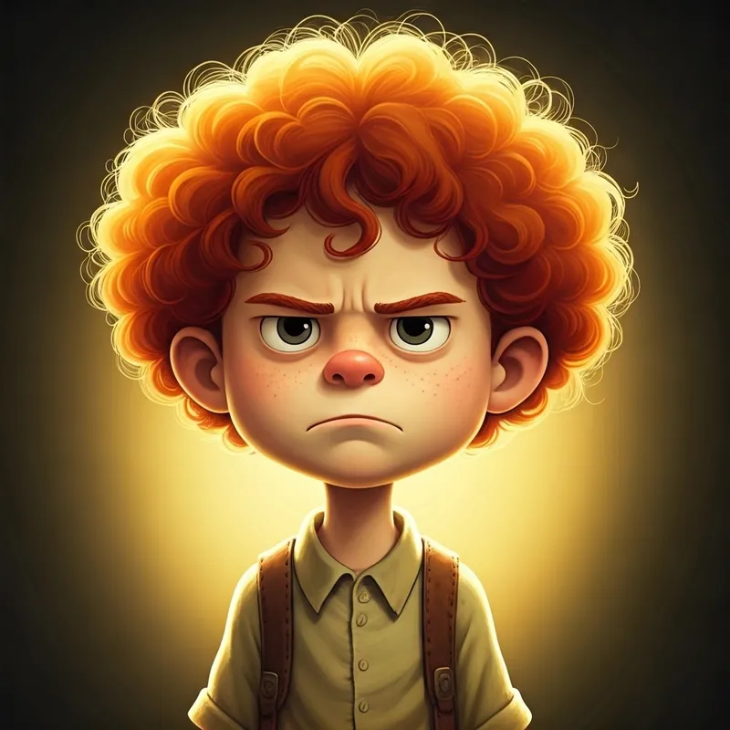 a grumpy boy with curly red hair frowning