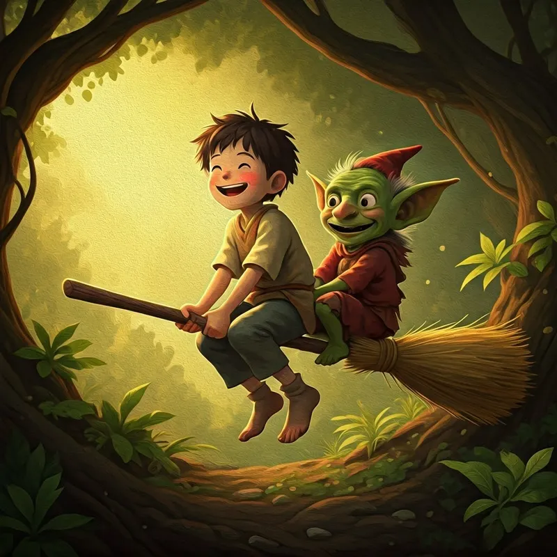 the boy riding a broomstick with a goblin, laughing