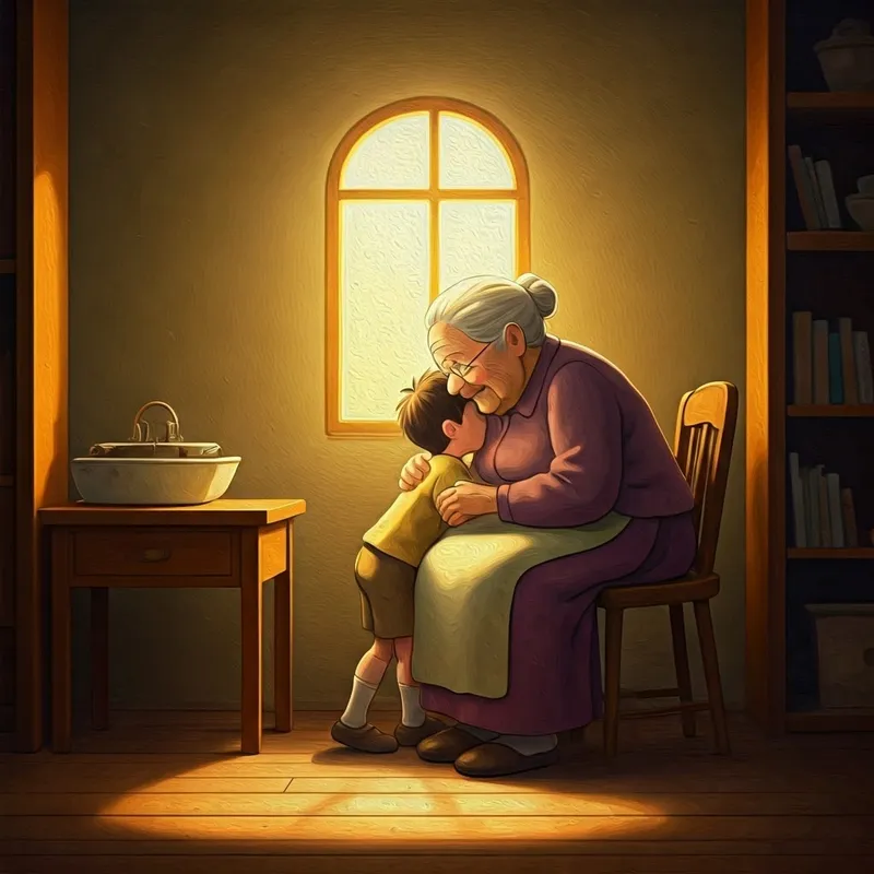 the boy hugging the elderly lady goodnight