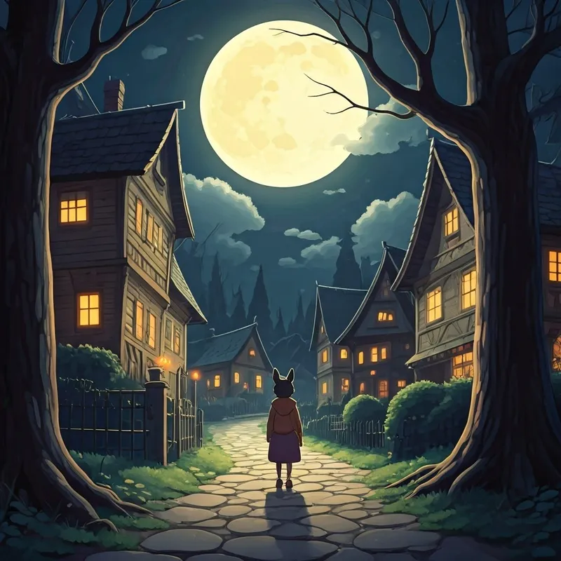 a night scene with a full moon, houses decorated for Halloween