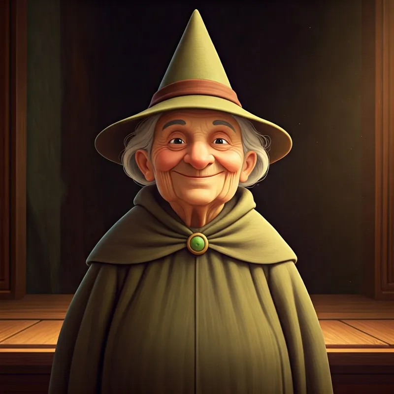 an elderly lady with a pointy hat and a mischievous smile