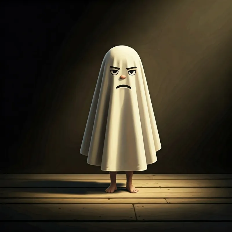 a boy dressed in a white sheet costume with a grumpy face drawn on it