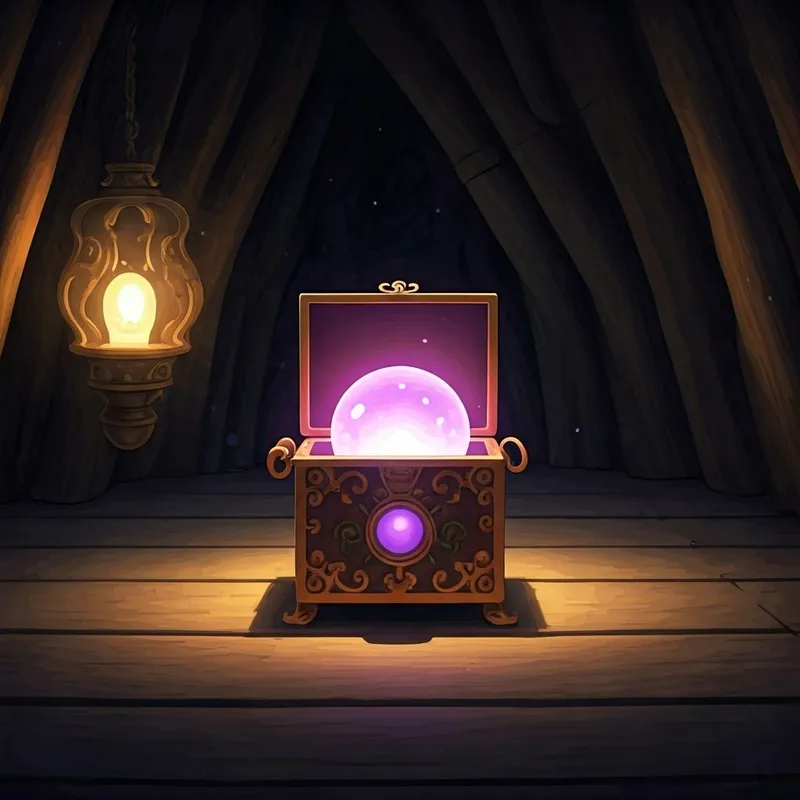 a small ornate box with a glowing purple button inside
