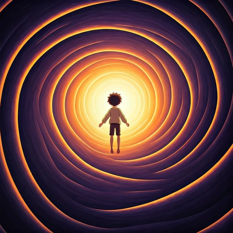 a boy being surrounded by a swirl of purple and orange colors