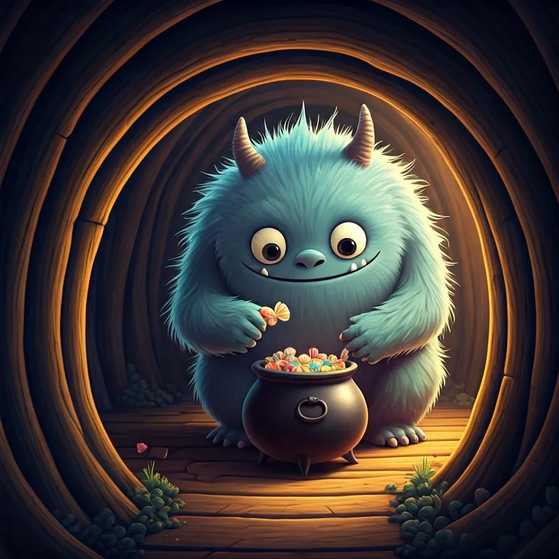 a friendly-looking, fluffy blue monster offering candy from a cauldron
