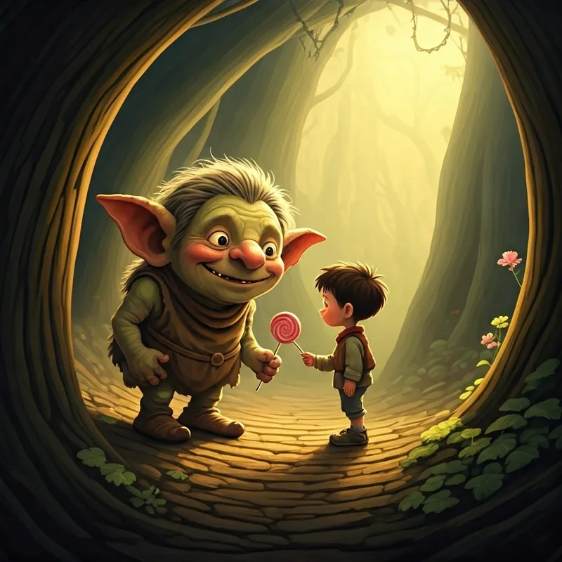 a small, giggling goblin offering a lollipop to the boy