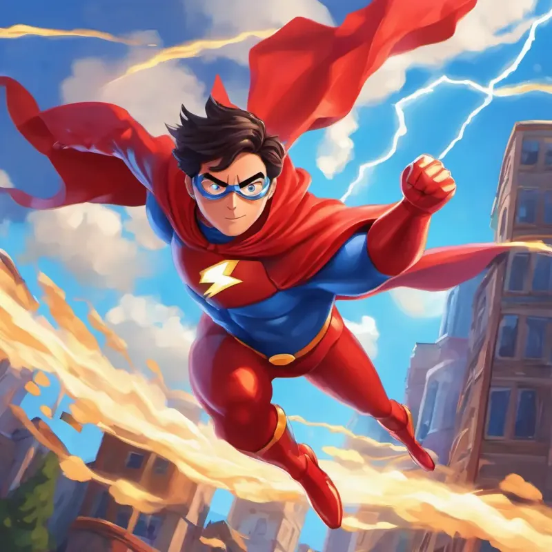 BOB is a superhero with super strength, can fly, and has lightning-fast speed, wearing a red cape and a shiny blue suit flying above Happytown, wearing his red cape and blue suit with a 'B' on the chest