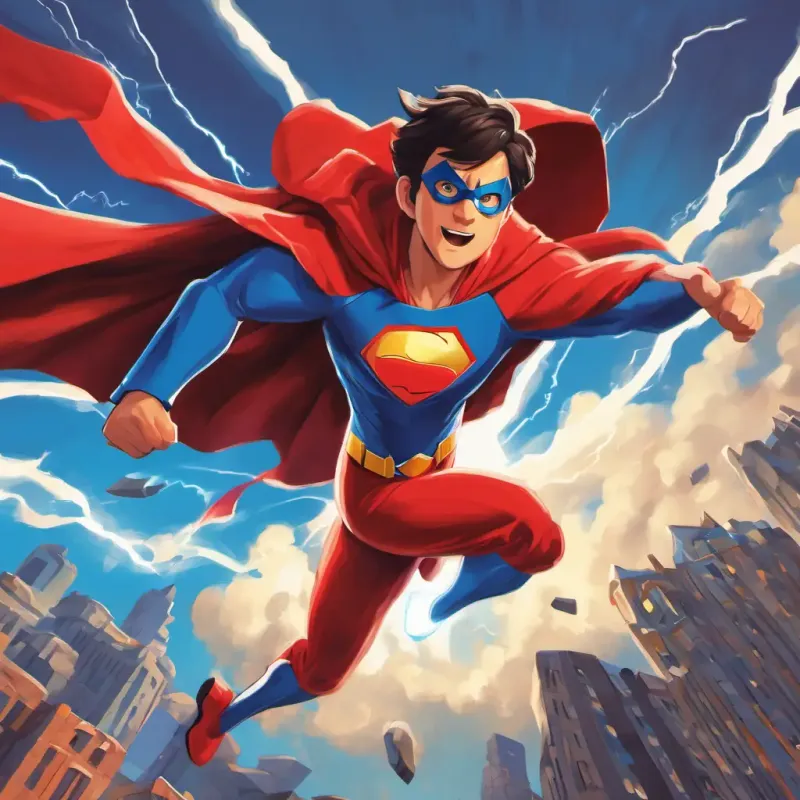 BOB is a superhero with super strength, can fly, and has lightning-fast speed, wearing a red cape and a shiny blue suit catching robbers with his super strength, while wearing a red cape and blue suit