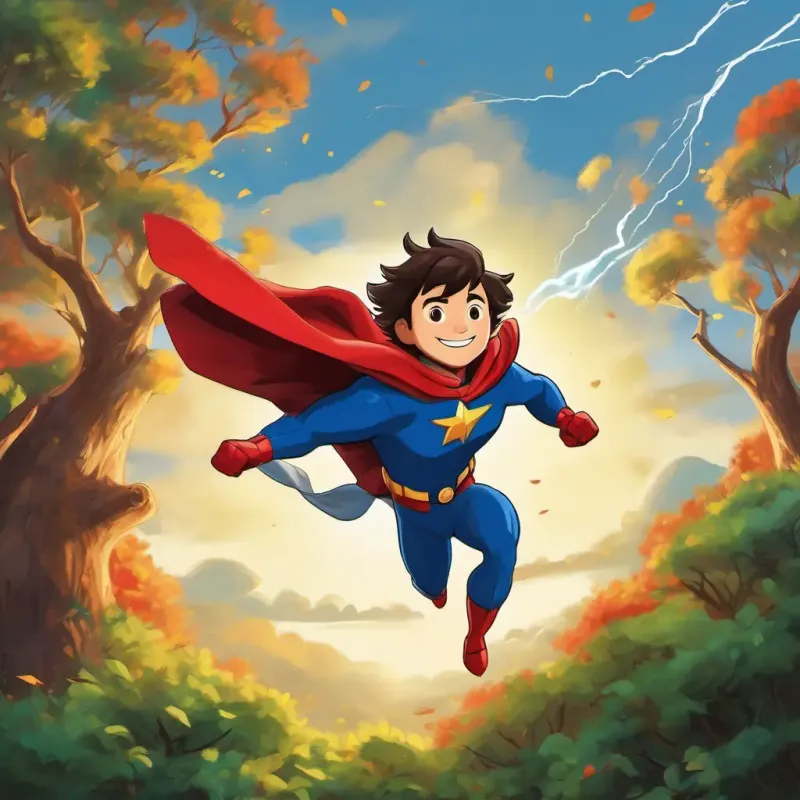 BOB is a superhero with super strength, can fly, and has lightning-fast speed, wearing a red cape and a shiny blue suit rescuing a cat from a tall tree, with a big smile on his face