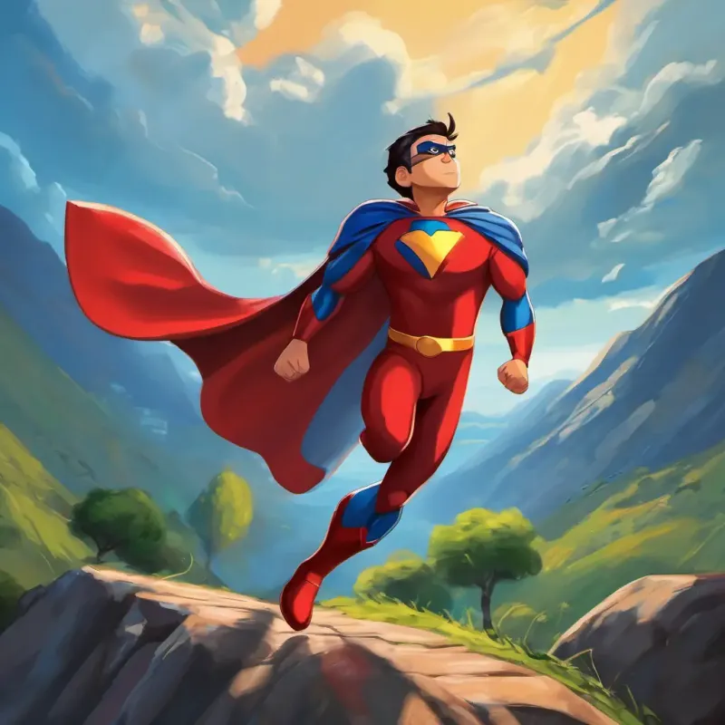BOB is a superhero with super strength, can fly, and has lightning-fast speed, wearing a red cape and a shiny blue suit standing up to bullies and protecting the kids, with a determined expression