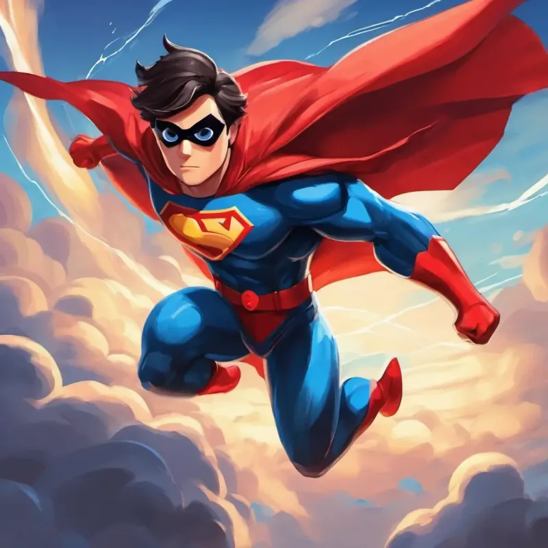 BOB is a superhero with super strength, can fly, and has lightning-fast speed, wearing a red cape and a shiny blue suit in his secret hideout, taking off his cape and suit, ready to rest