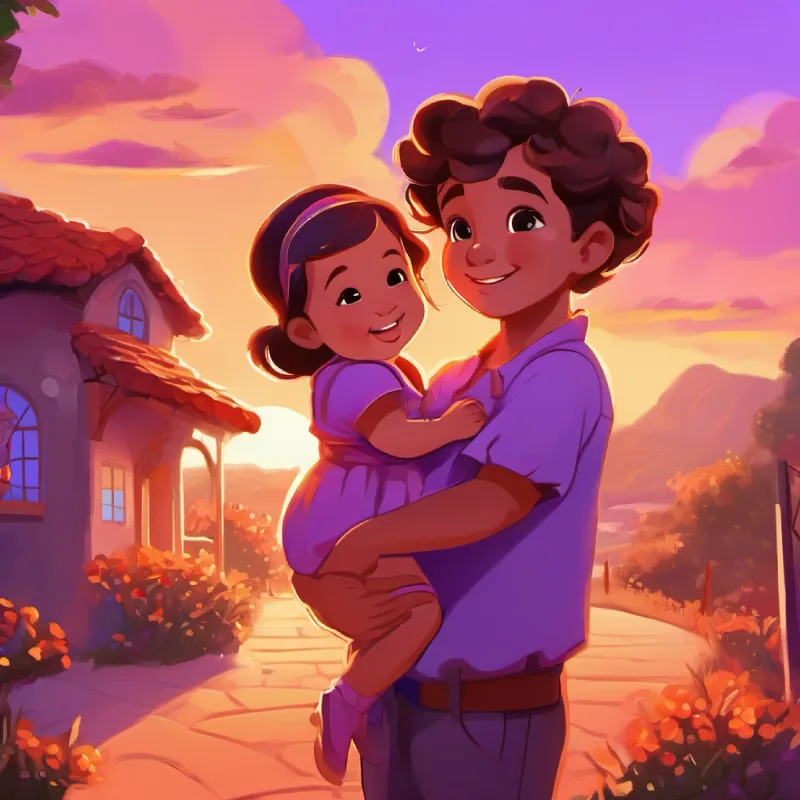 Baby girl, big smile Her dad was a baker, closed the bakery and walked home. The sunset painted the sky purple and orange. 'What a big day we've had,' said Dad. Freya snuggled closer in her mei tai, ready for dreams of sugar and spice.
