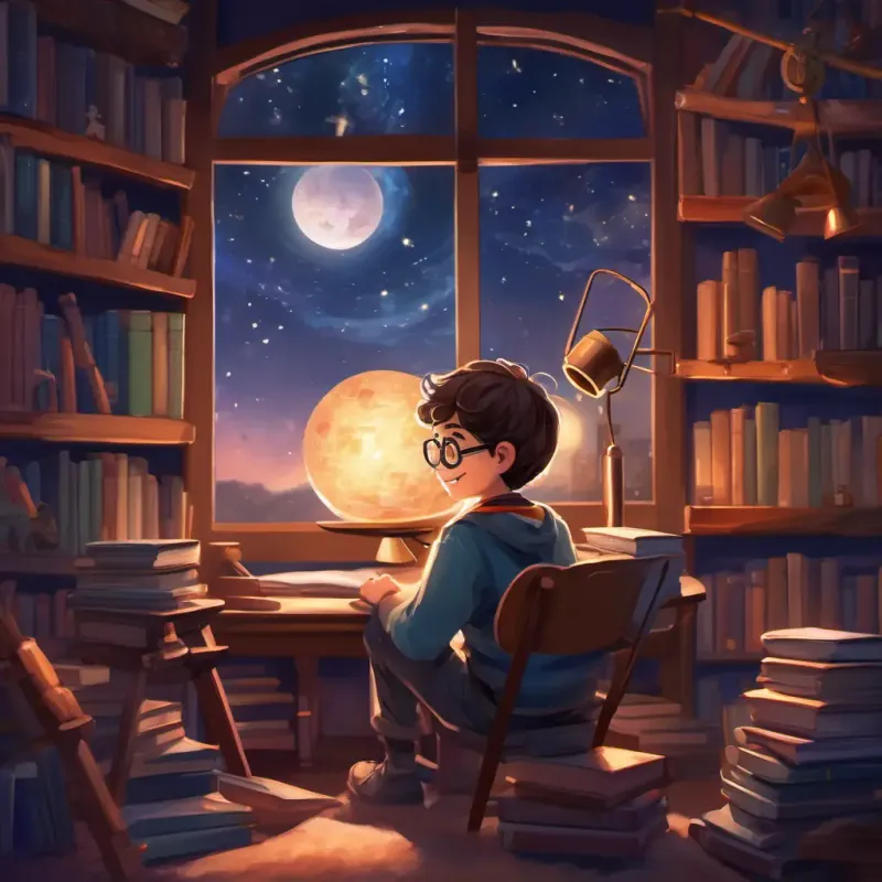 Young boy with brown hair, big round glasses, and a curious smile sitting in his room, surrounded by books and telescopes, gazing at the night sky.