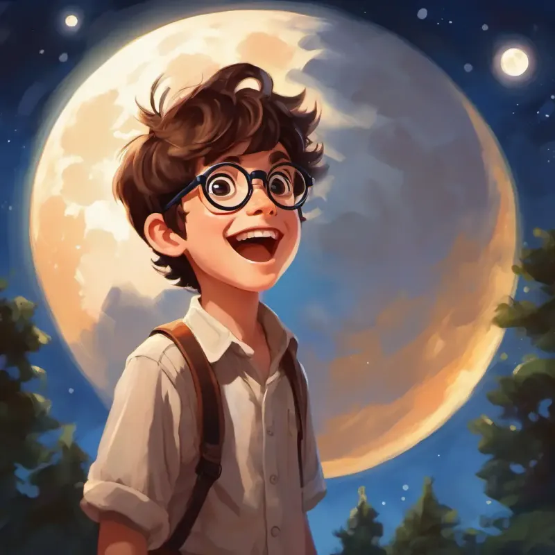 Young boy with brown hair, big round glasses, and a curious smile pointing excitedly at the moon, wide-eyed with his mouth open in surprise.