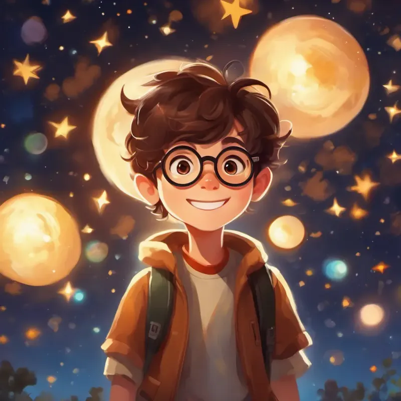 Young boy with brown hair, big round glasses, and a curious smile floating in the air with a surprised expression, surrounded by a bright light and stars.