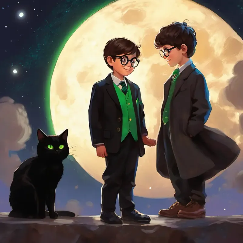 Young boy with brown hair, big round glasses, and a curious smile meeting Black cat with bright green eyes, wearing a shiny black suit, a black cat dressed in a sparkly suit, standing on the moon's surface.