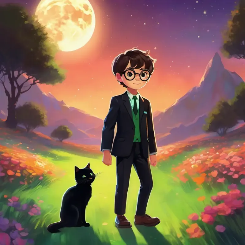 Young boy with brown hair, big round glasses, and a curious smile and Black cat with bright green eyes, wearing a shiny black suit walking hand in paw, in awe of the moon's vast and colorful surface.