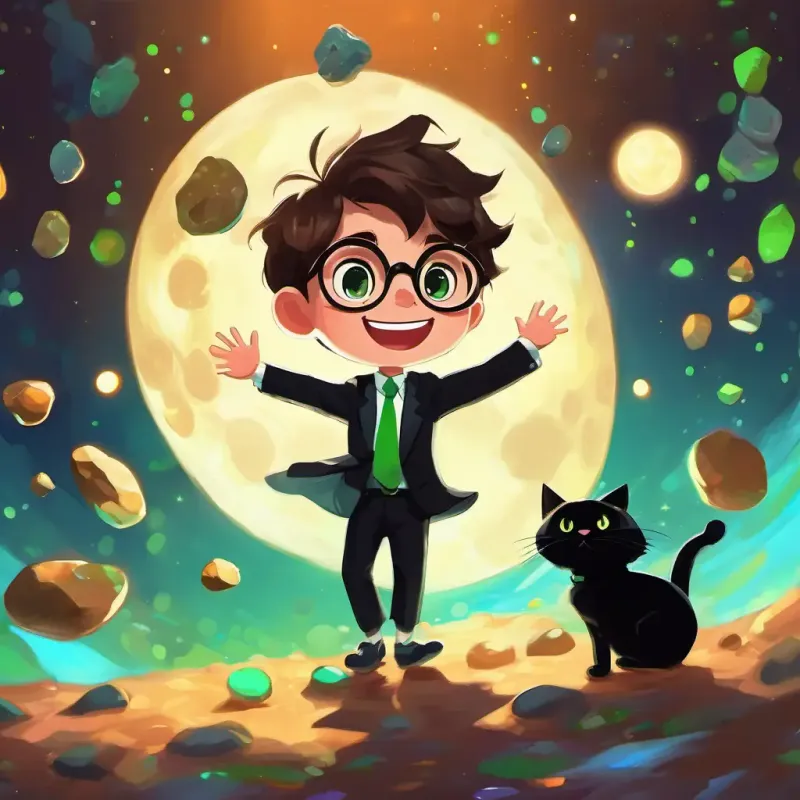 Young boy with brown hair, big round glasses, and a curious smile and Black cat with bright green eyes, wearing a shiny black suit laughing and playing, surrounded by bouncing moon rocks and floating socks.