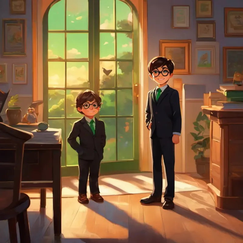 Young boy with brown hair, big round glasses, and a curious smile waving goodbye to Black cat with bright green eyes, wearing a shiny black suit, with the sun rising and Young boy with brown hair, big round glasses, and a curious smile's room coming into view.
