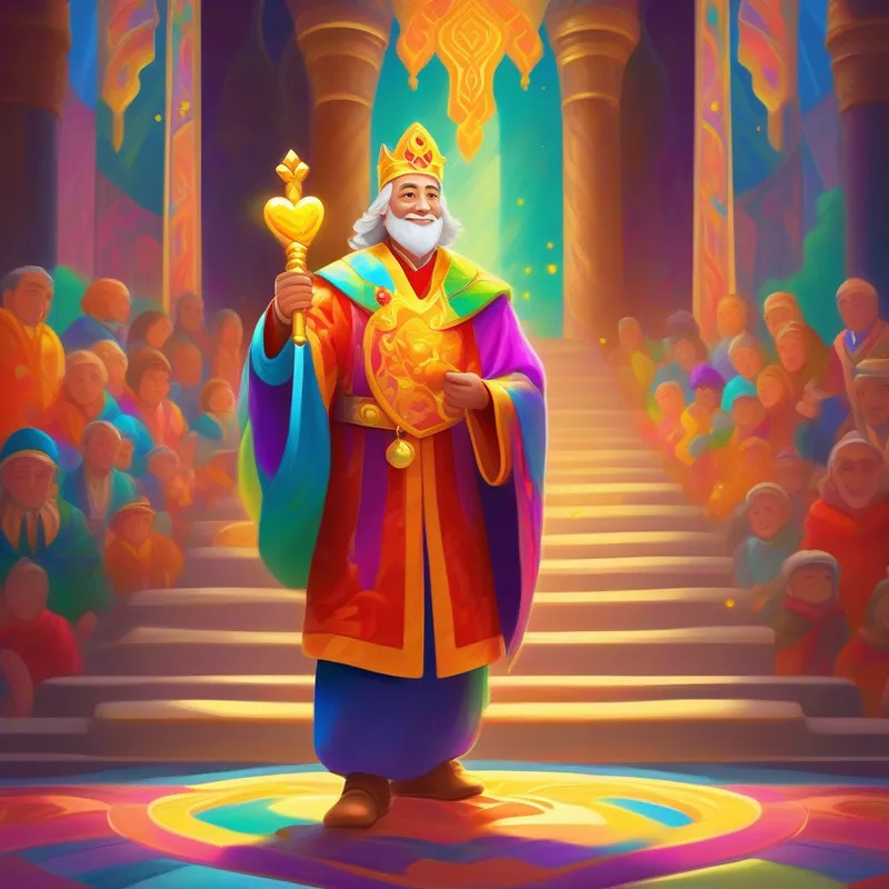 A kind king in bright and colorful robes, carrying a golden heart scepter in his Kindness Castle, colorful and happy