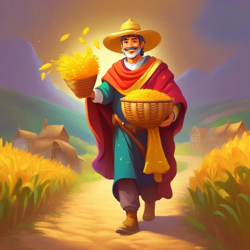 A farmer in ragged clothes, holding a basket of seeds the farmer in ragged clothes, A kind king in bright and colorful robes, carrying a golden heart scepter greeting him with a big smile