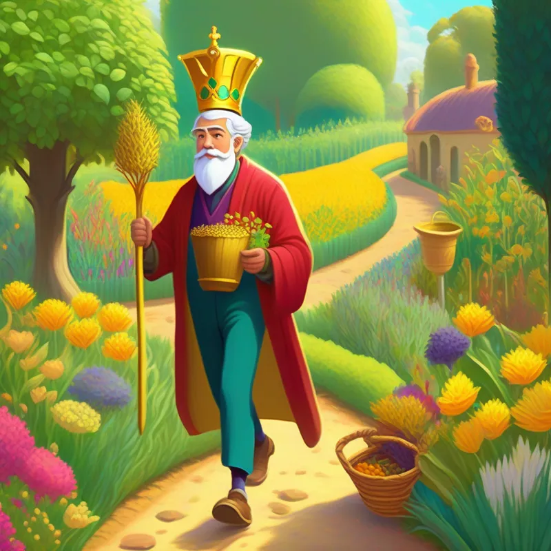 A kind king in bright and colorful robes, carrying a golden heart scepter, A farmer in ragged clothes, holding a basket of seeds, and the gardeners planting seeds in a beautiful garden