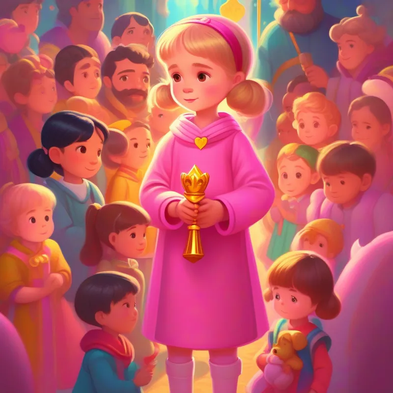 A little girl with pigtails, wearing a pink dress and holding a lost doll, a sad little girl, surrounded by kind guards and A kind king in bright and colorful robes, carrying a golden heart scepter holding her hand