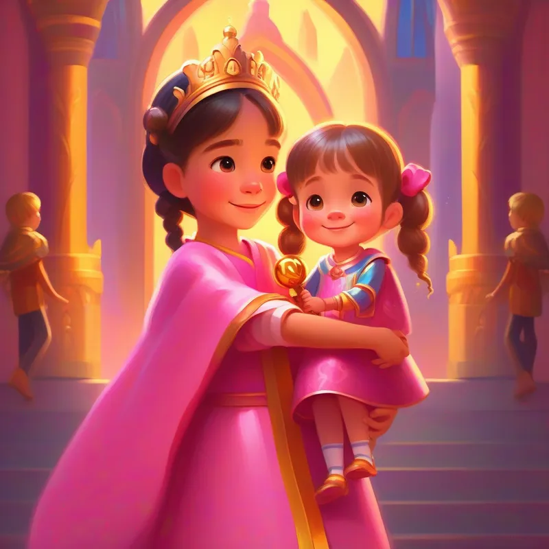 A little girl with pigtails, wearing a pink dress and holding a lost doll hugging A kind king in bright and colorful robes, carrying a golden heart scepter, the castle filled with happiness and celebration