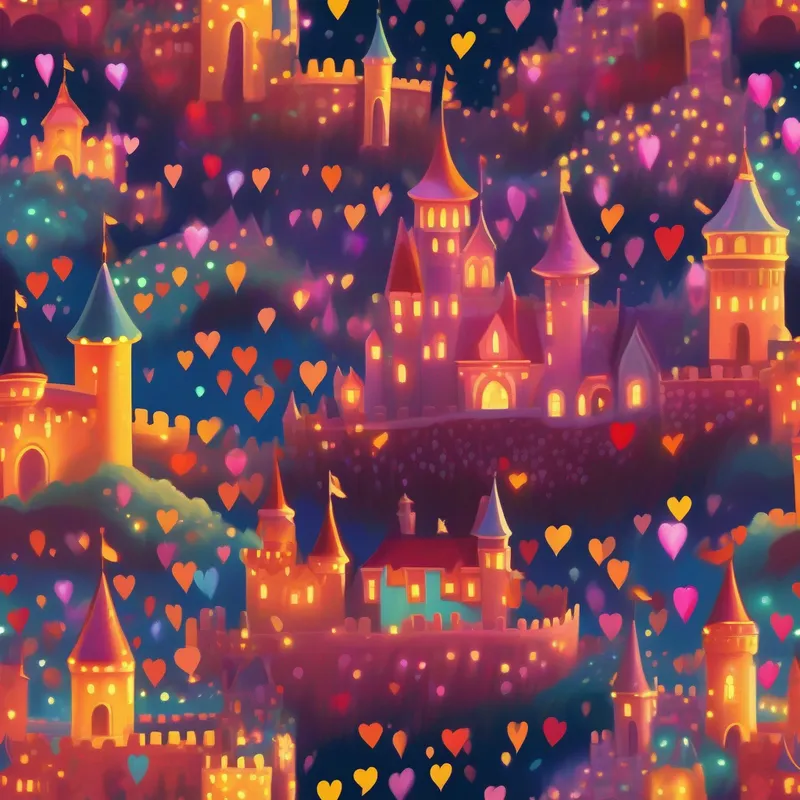 Kindness Castle filled with people of all backgrounds, hearts glowing with joy