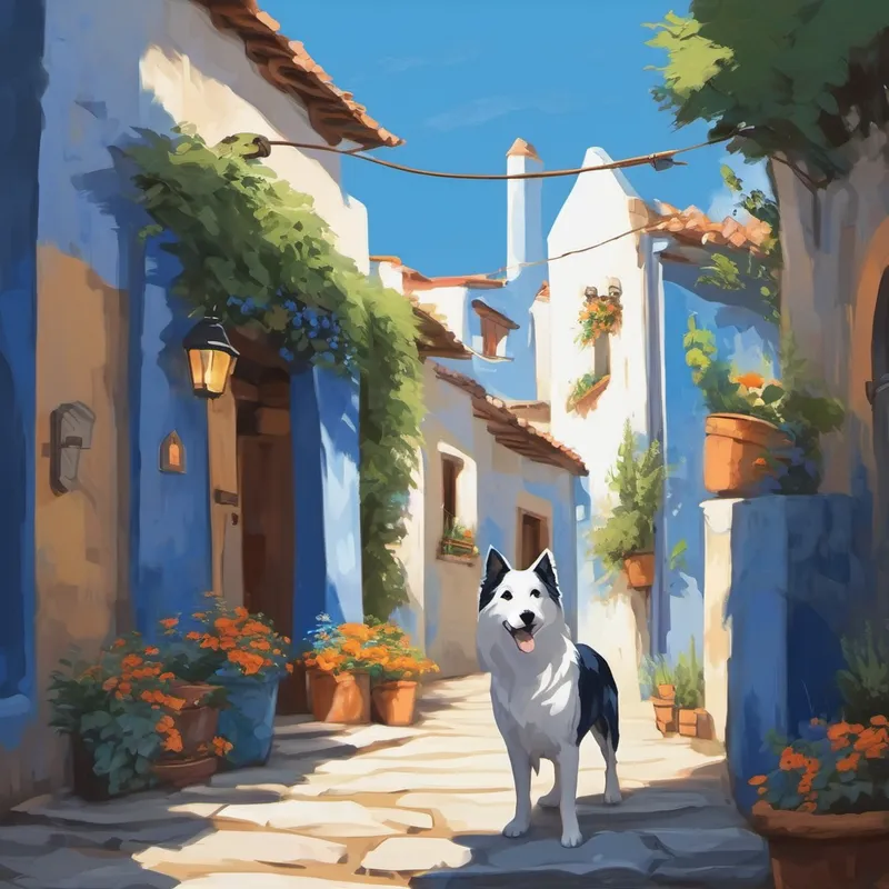 El pueblo en agradecimiento a Un perro blanco con manchas grises y una capa azul.