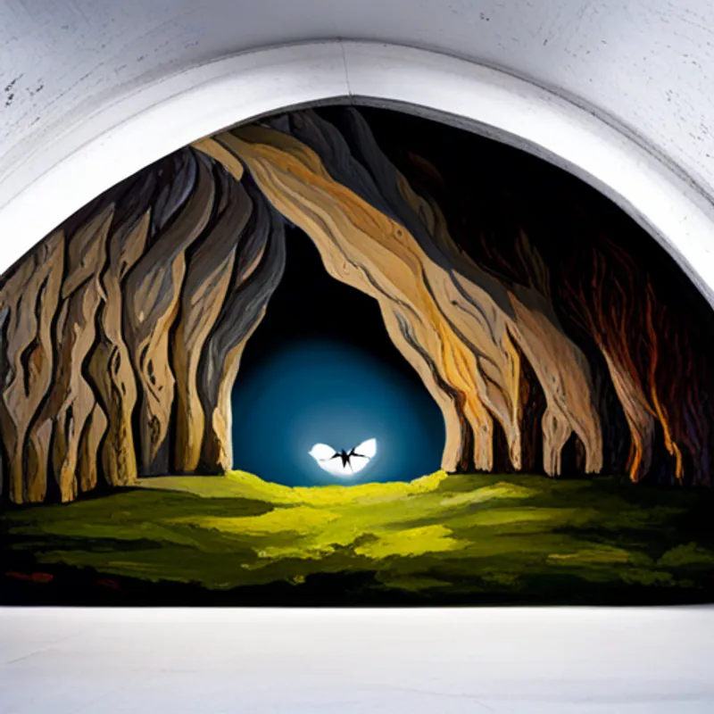 A dark cave entrance with bats hanging from the ceiling