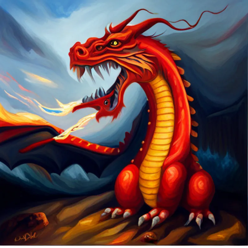 A huge red dragon with fire coming out of its nostrils