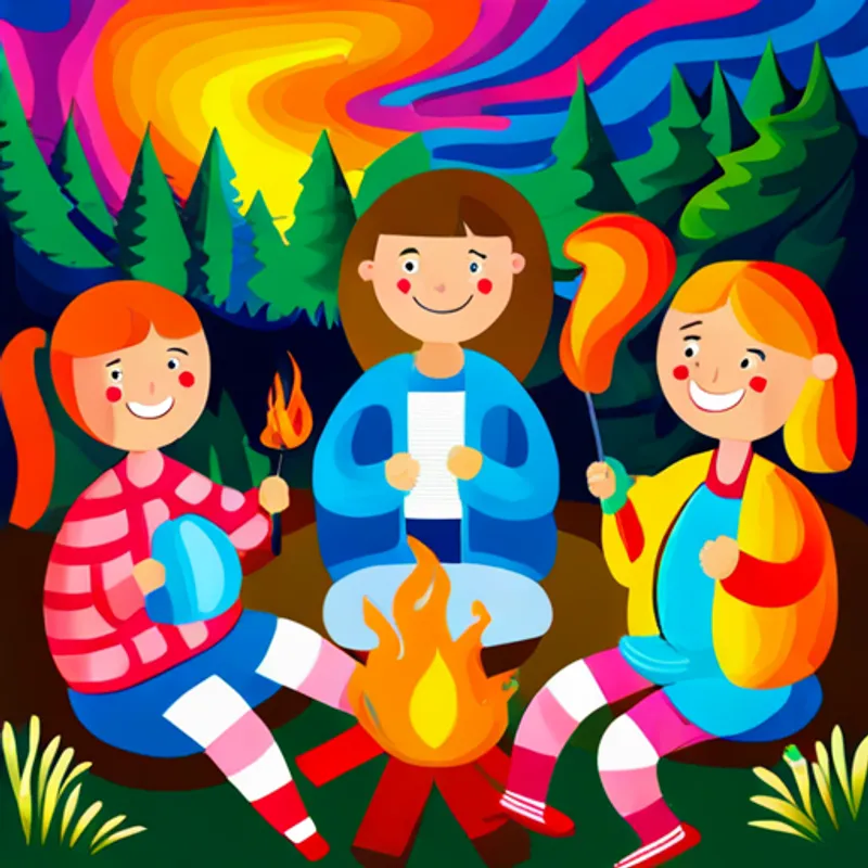 Three girlren with different colored clothes and big smilesThe friends sitting around a bonfire, toasting marshmallows