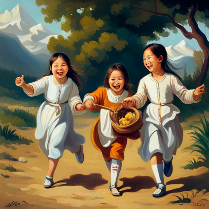 Three girlren with different colored clothes and big smilesThe friends running away with the chest, laughing joyfully While the dragon was distracted, they grabbed the treasure and ran!
