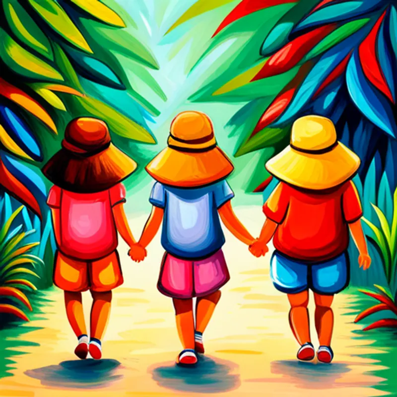 Three girlren with different colored clothes and big smilesThe friends holding hands, walking through a jungle path