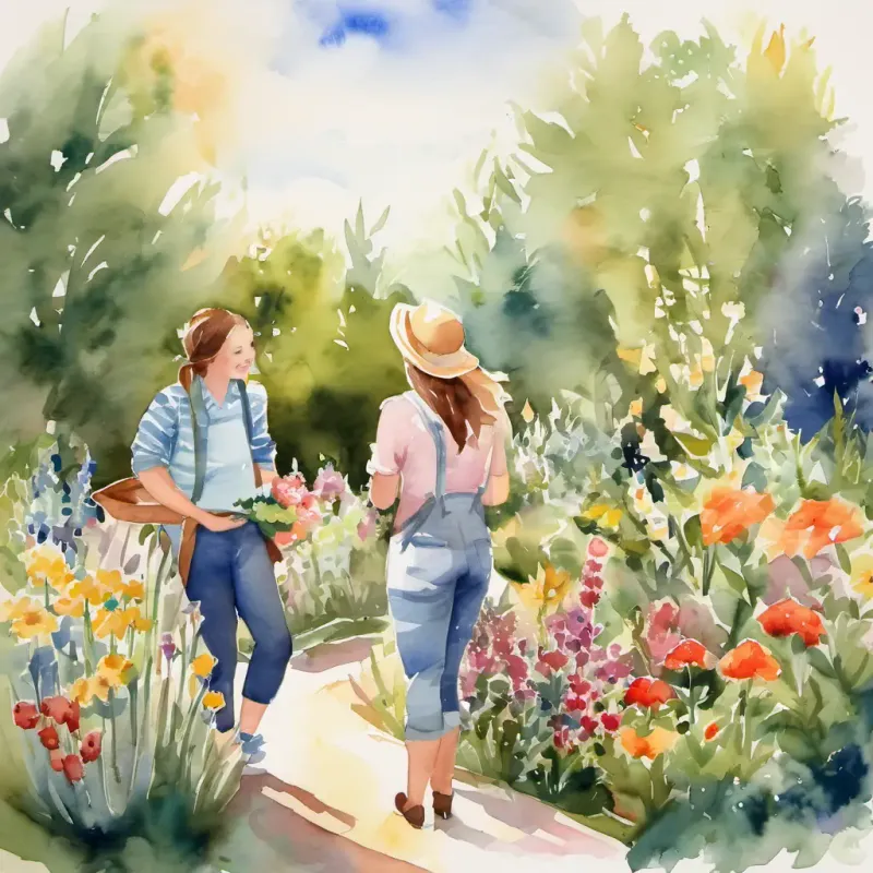 Friends discovering a flower garden.