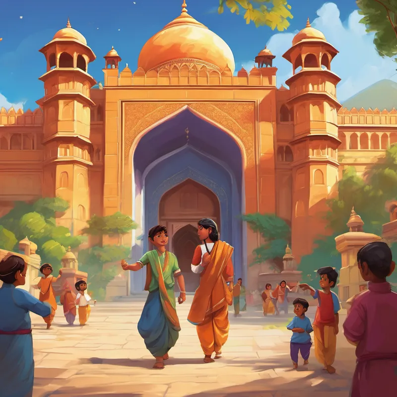 "One day," Nani said, "as Rishi reached the city of Jaipur, he entered a magnificent palace filled with treasure troves of knowledge. There, he met a group of children who warmly welcomed him. They introduced themselves as the ambassadors of India's greatness." "The children explained that India was like a colorful tapestry, woven with countless threads of wisdom, kindness, and unity. They told Rishi wonderful stories of how people of different religions, languages, and cultures lived together harmoniously, celebrating their diversity."