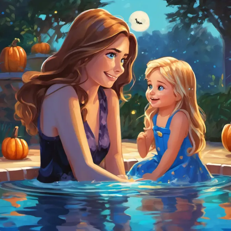 A loving mommy with long brown hair, with her long brown hair, sits near the pool while keeping an eye on A curious girl with blonde hair and bright blue eyes, who is excitedly splashing in the water.